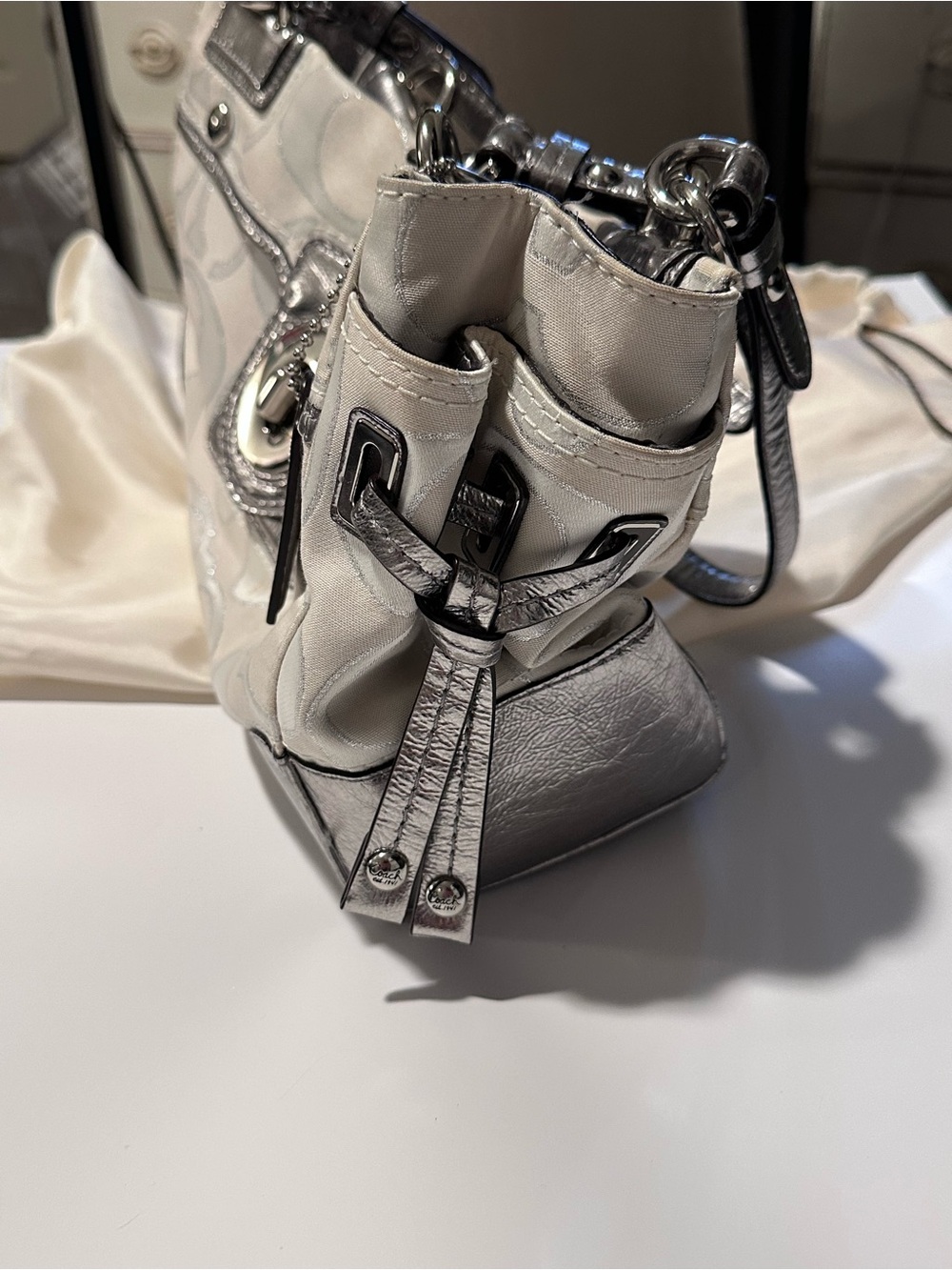 Coach Metallic Silver Signature Turnlock Satchel Y2K … - Gem